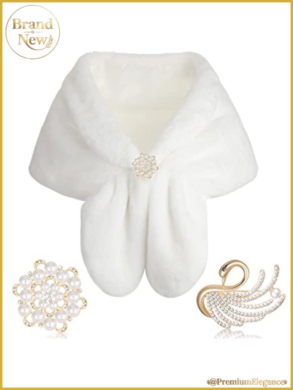 Faux Fur Shawl Wrap Women Bridal with 2 Pearl Rhinestone Brooches